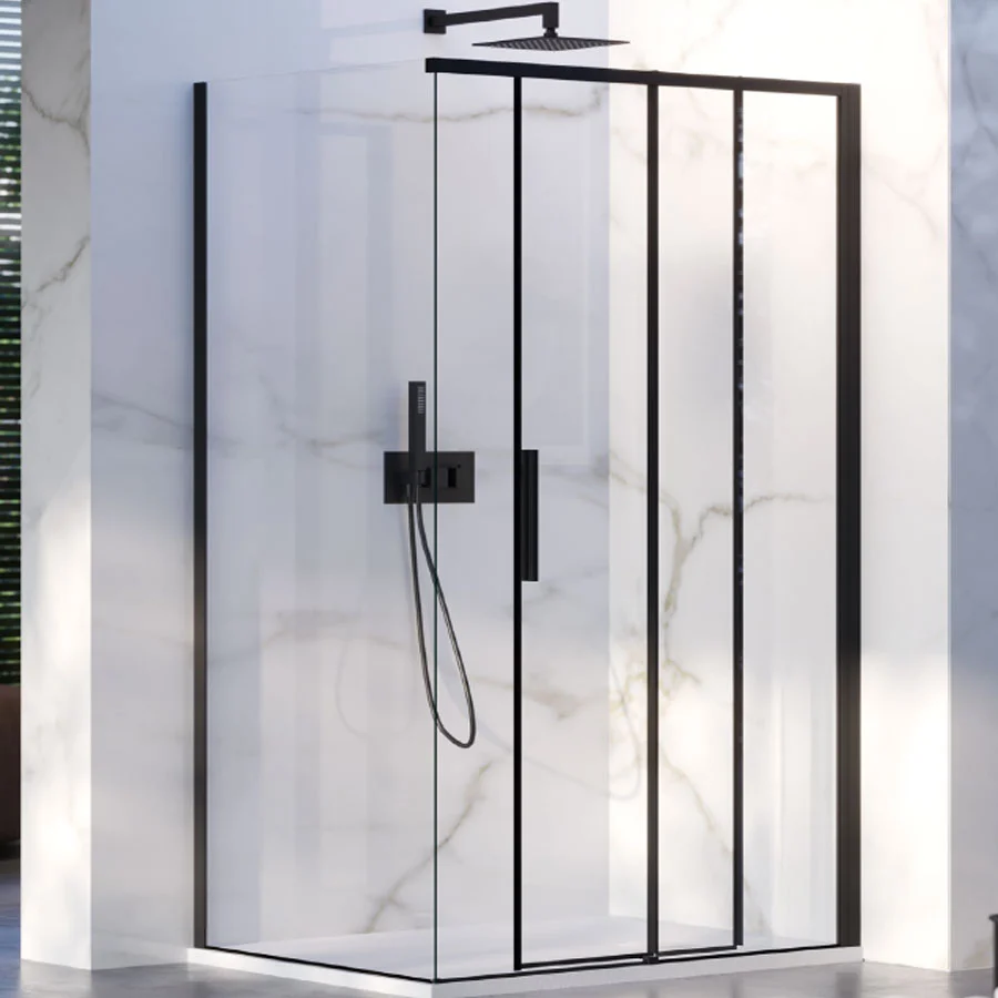 Ducha de esquina 80x130 con lado fijo y puerta corredera en cristal de 6 mm y perfil negro Versión Derecha