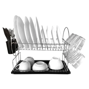Escurridor de platos de cocina de acero inoxidable Nyana Home con bandeja extraíble - 2 niveles - laterales con soporte pa...