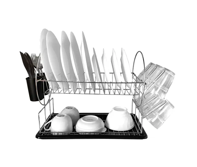 Escurridor de platos de cocina de acero inoxidable Nyana Home con bandeja extraíble - 2 niveles - laterales con soporte pa...