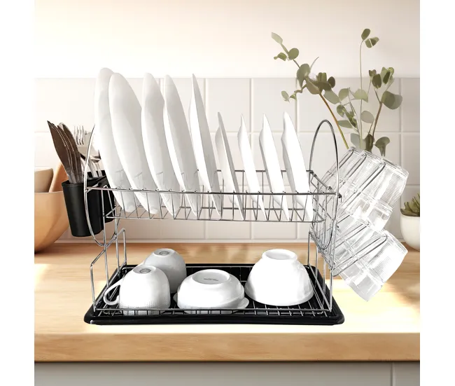 Escurridor de platos de cocina de acero inoxidable Nyana Home con bandeja extraíble - 2 niveles - laterales con soporte pa...