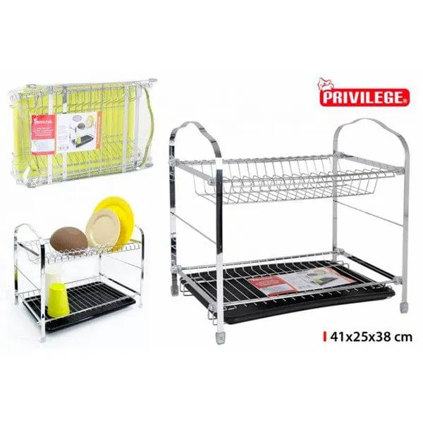 Escurridor de platos Privilege acero dos pisos con bandeja 41 x 38 cm