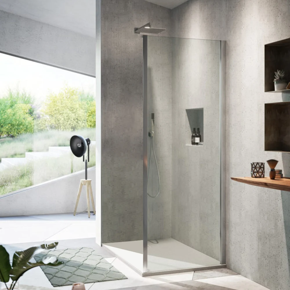 Mampara fija de 75 cm para ducha Dioniso y Afrodita con puertas correderas o abatibles en cristal transparente de 6 mm