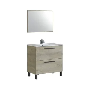 Mueble bajo lavabo Douna, Mueble de baño con 2 cajones, Mueble colgante con espejo, lavabo no incluido, 80x45h80 cm, Roble