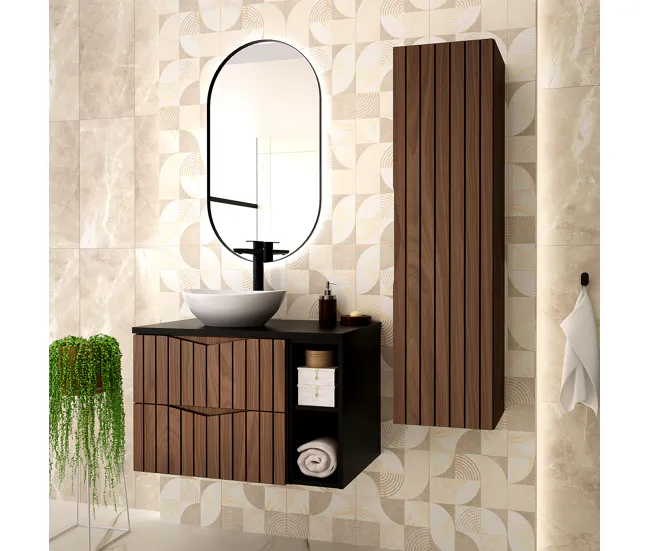 Mueble lavabo individual 80cm 2 compartimientos Siena madera y negro