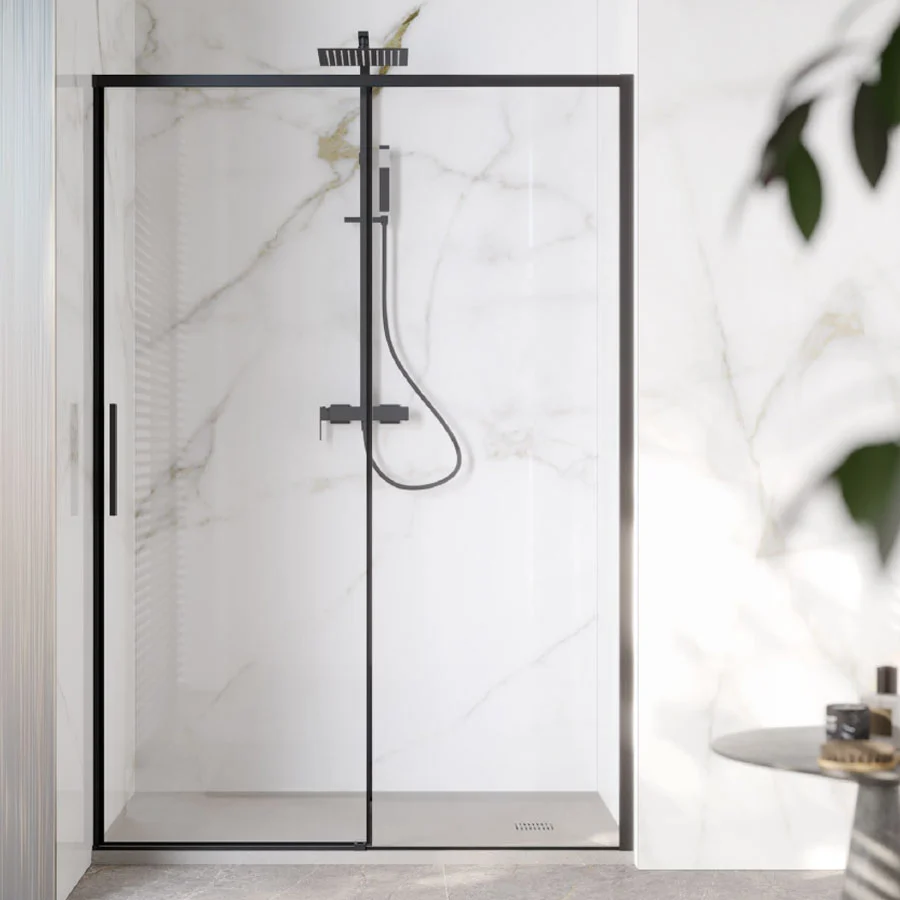 Porta doccia scorrevole per nicchia da 140 cm cristallo da 6 mm con profilo alluminio Nero versione Destra