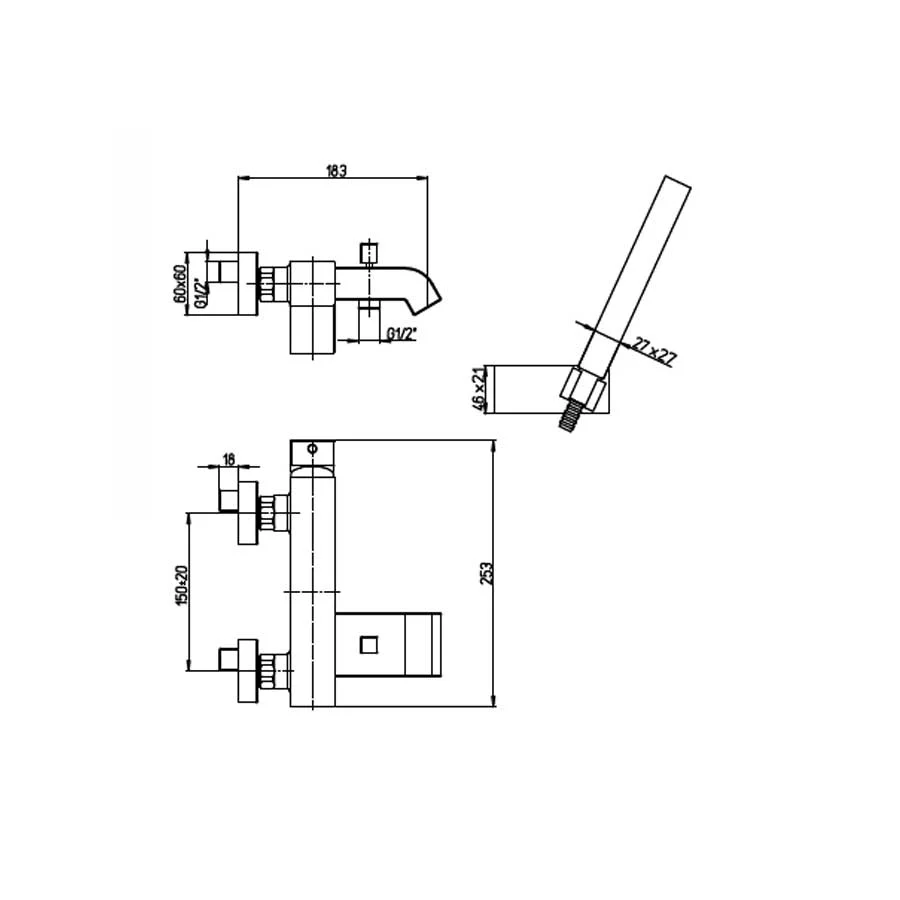 Rubinetto di forma quadrata per Vasca con set Doccia finitura cromata con corpo muro ottone collezione More di Argo Rubine...