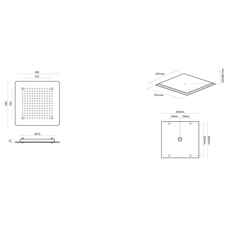 Soffione doccia ad incasso quadrato 35x35 acciaio inox spessore 2 mm con kit di installazione