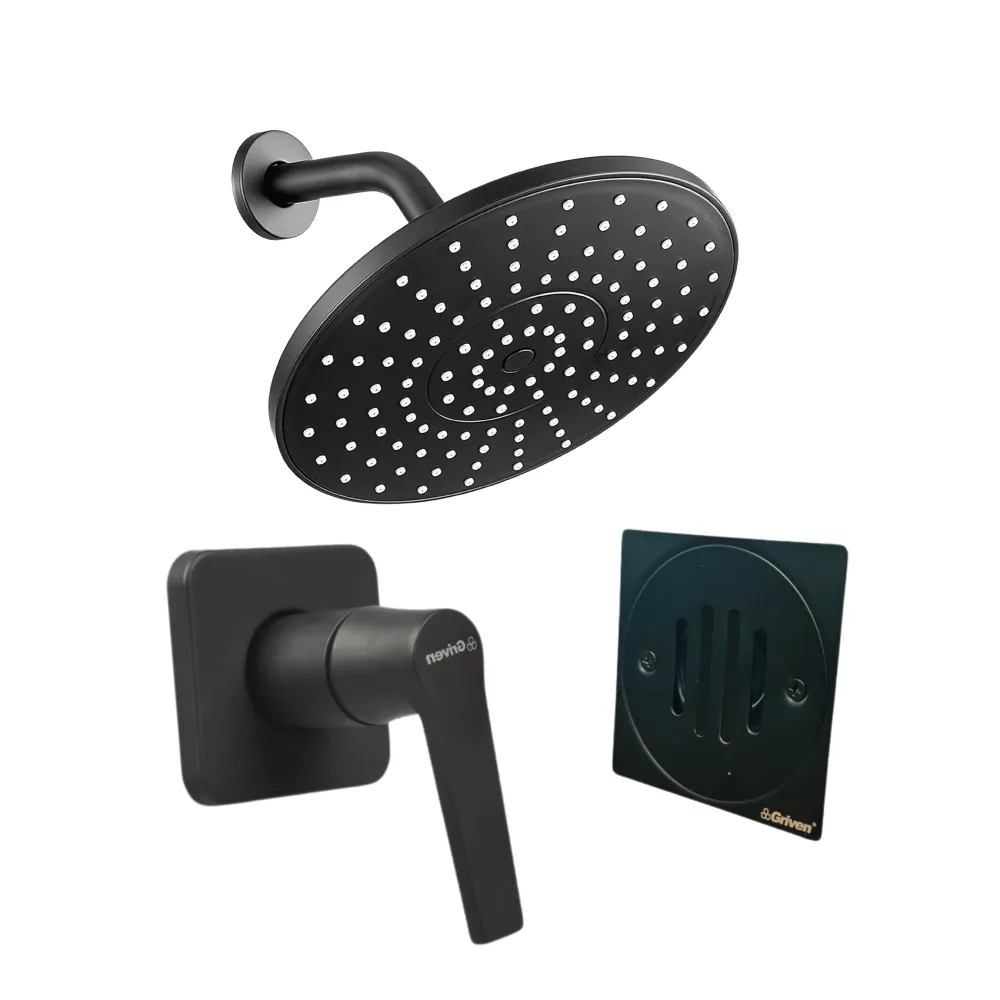 Combo de Ducha de 6" con Llave Individual y Rejilla de Piso en Acero Inoxidable - Acabado Negro (Diseño Redondo) | Fácil I...