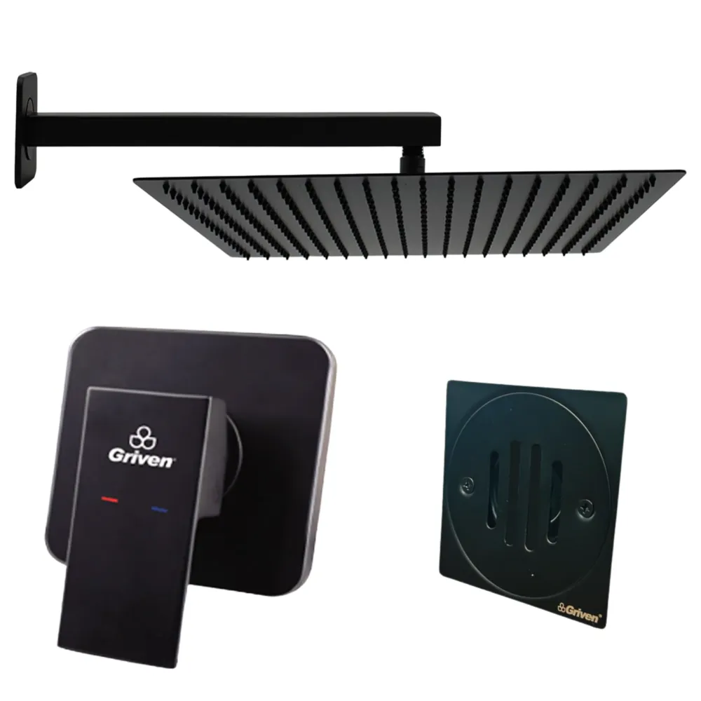 Combo Regadera para Ducha Cuadrada de 12" Ultra Delgada en Acero Inoxidable (Negro Mate) Diseño Compacto