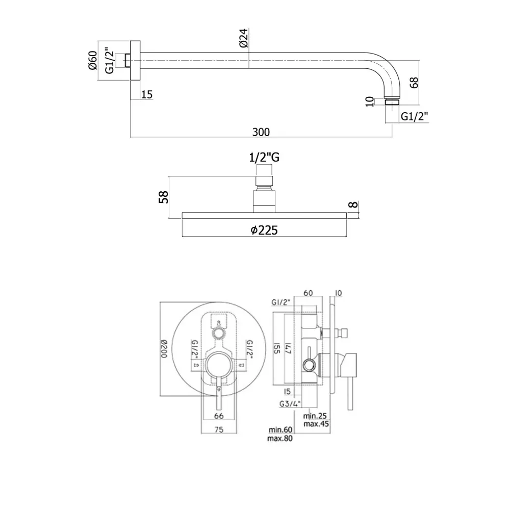 Composizione doccia Stick con soffione tondo, miscelatore con deviatore e set duplex para Ahorrar Espacio