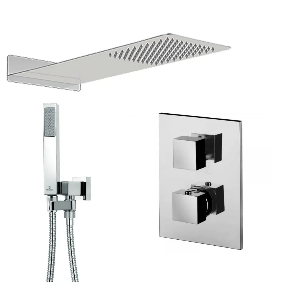 Set doccia Ares con soffione acciaio ultraslim, miscelatore termostatico 2 vie e set duplex para Baño Moderno