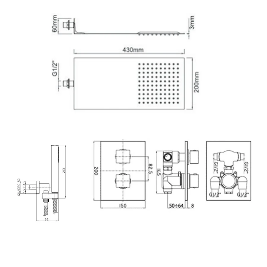 Set doccia Ares con soffione acciaio ultraslim, miscelatore termostatico 2 vie e set duplex para Baño Moderno