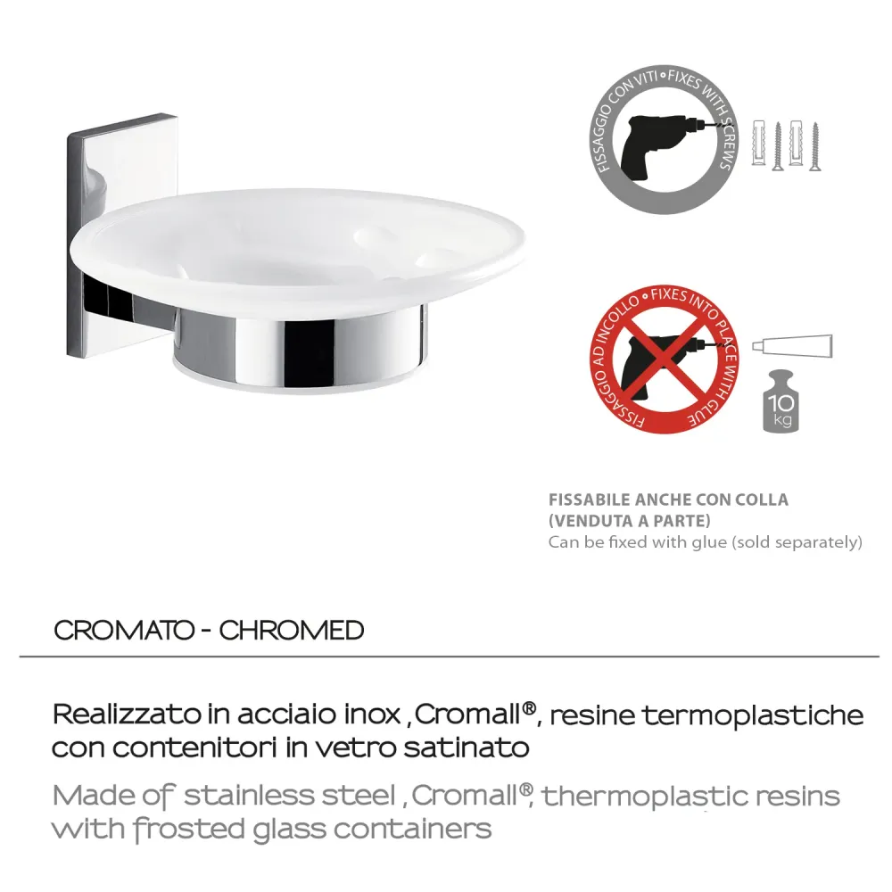 Gedy Portasapone Maine acciaio inox, Cromall e vetro satinato per fissaggio incollo