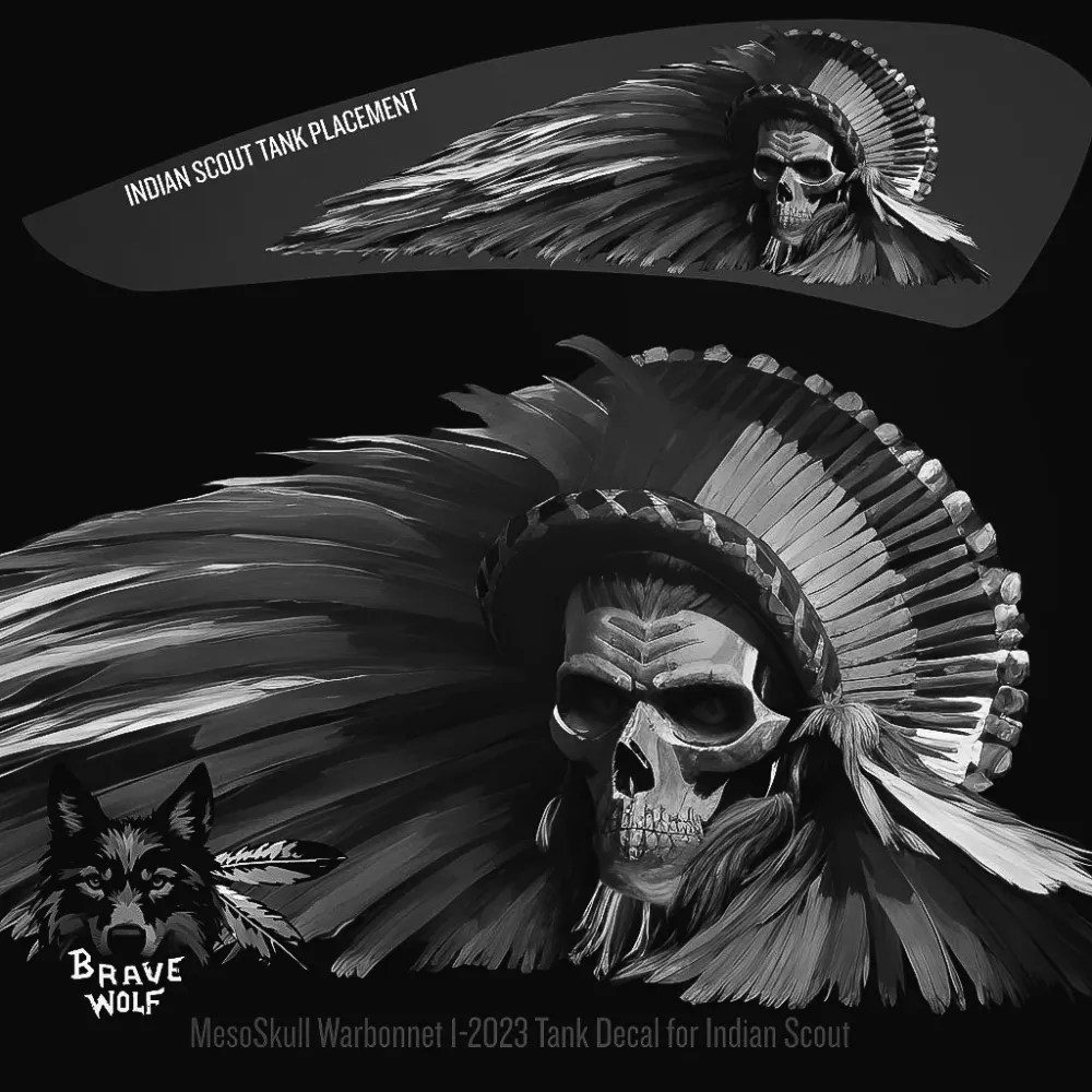 MesoSkull-2023 - Calcomaní de tanque explorador indio en blanco y negro