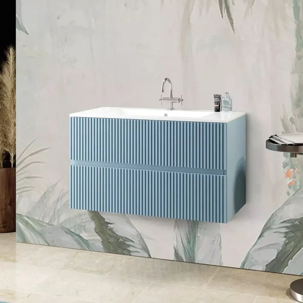 Mueble de baño suspendido con lavabo integrado modelo Splendore - Azul Polvo | Fácil Instalación | Sin Taladro