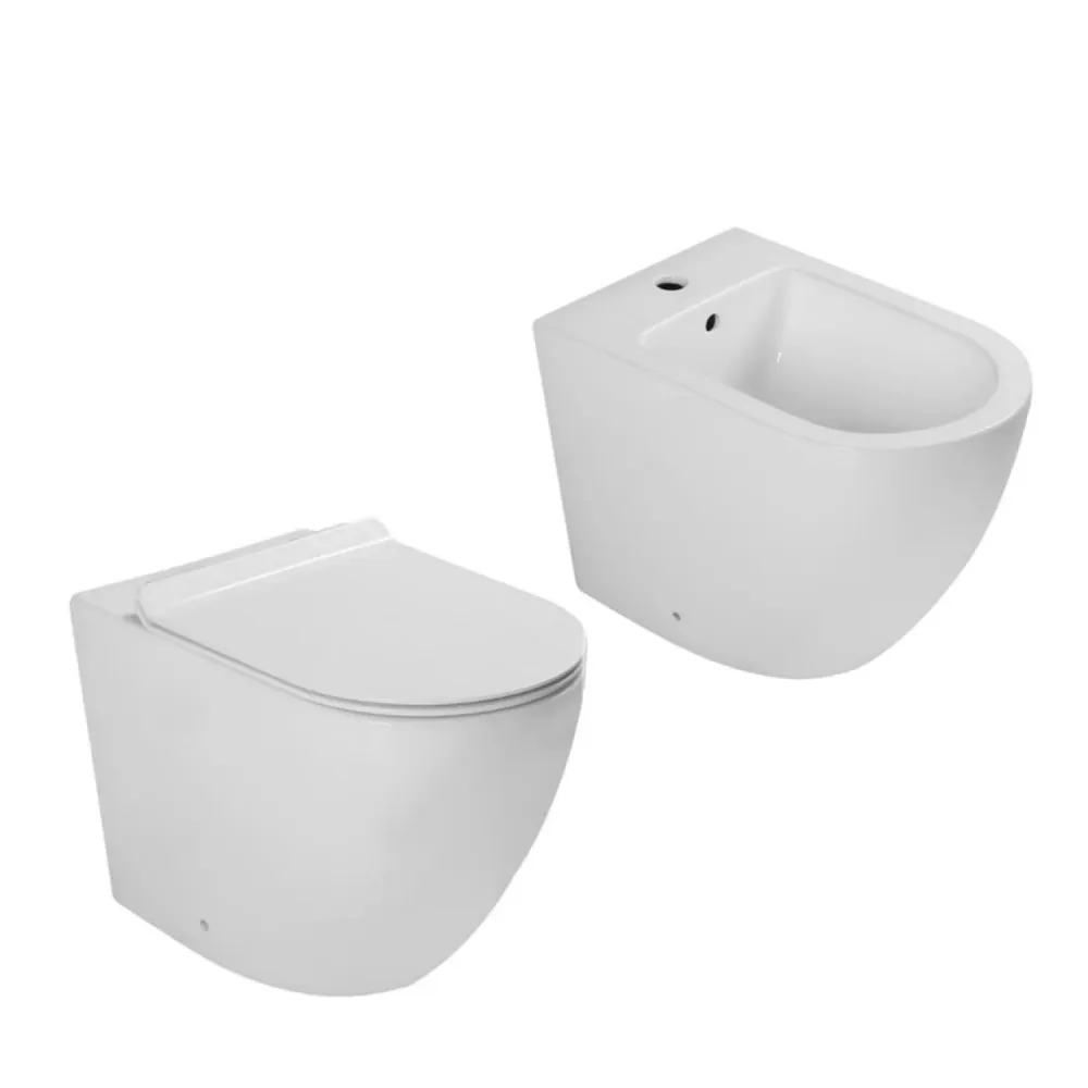 Par de sanitarios suelo filo muro Bathcore con tapa de inodoro incluida - serie Aura