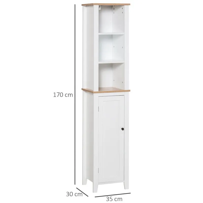 Armario de baño esbelto Kleankin 3 estantes abiertos+armario blanco/natural 170x35x30 cm