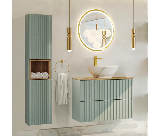 Armario de Lavabo Mueble bajo lavabo 80cm 2 cajones encimera Jade Verde y Madera