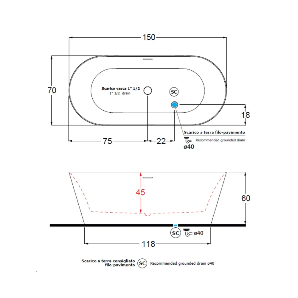 Bañera modelo Inka 150x70cm en acrílico blanco mate con Compartimentos