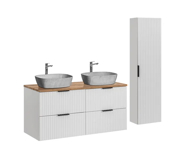 Banqueta de Baño Conjunto mueble doble lavabo 120cm y columna Adriel Blanco y imitación Piedra
