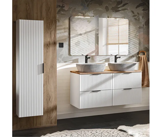 Banqueta de Baño Conjunto mueble doble lavabo 120cm y columna Adriel Blanco y imitación Piedra