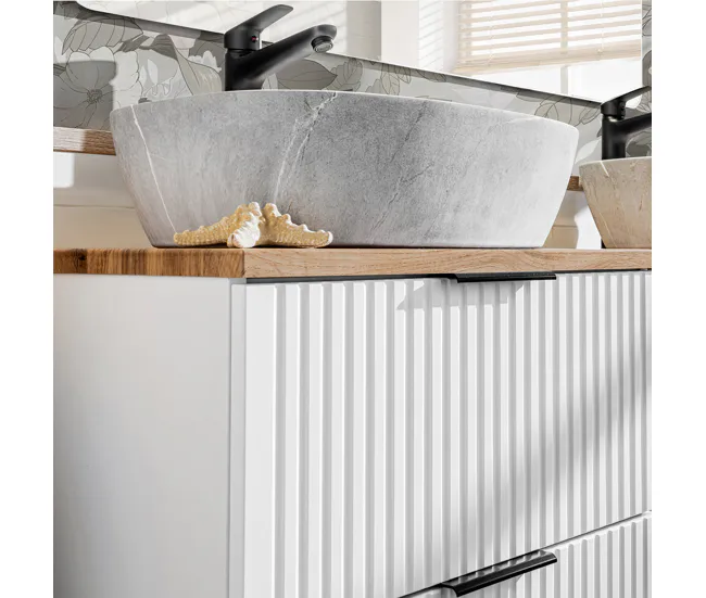 Banqueta de Baño Conjunto mueble doble lavabo 120cm y columna Adriel Blanco y imitación Piedra