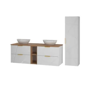 Banqueta de Baño Conjunto de muebles con lavabo individual 140cm 2 compartimientos y columna Aurora Blanco y Madera