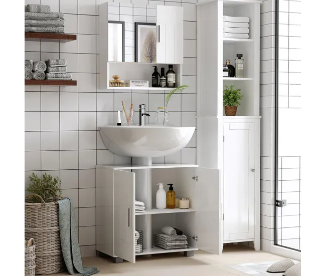 Banqueta de Baño kleankin Armario de Baño con Espejo Mueble Colgante de Aseo con 2 Puertas y 2 Estantes Ajustables Interio...