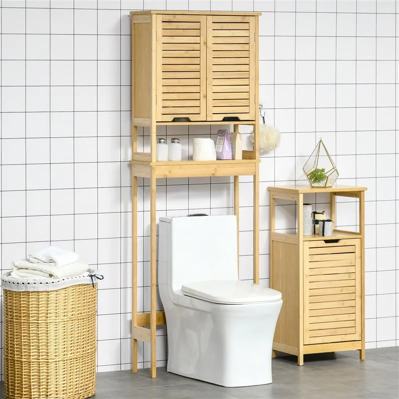 Banqueta de Baño Mueble de baño Kleankin sobre inodoro bambú 173x60x23 cm