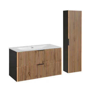 Cesto de Ropa Conjunto mueble lavabo individual encastrado 100 cm y columna Gaia Madera y Negro