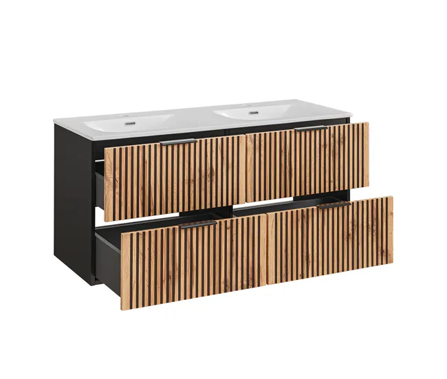 Cesto de Ropa Conjunto de muebles con doble lavabo encastrado 120cm columna y 3 armarios de pared Gaia Madera y Negro