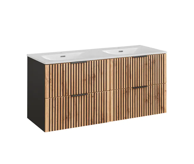 Cesto de Ropa Conjunto de muebles con doble lavabo encastrado 120cm columna y 3 armarios de pared Gaia Madera y Negro