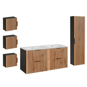 Cesto de Ropa Conjunto de muebles con doble lavabo encastrado 120cm columna y 3 armarios de pared Gaia Madera y Negro