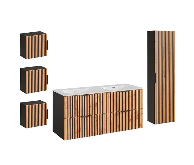 Cesto de Ropa Conjunto de muebles con doble lavabo encastrado 120cm columna y 3 armarios de pared Gaia Madera y Negro