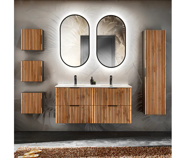 Cesto de Ropa Conjunto de muebles con doble lavabo encastrado 120cm columna y 3 armarios de pared Gaia Madera y Negro