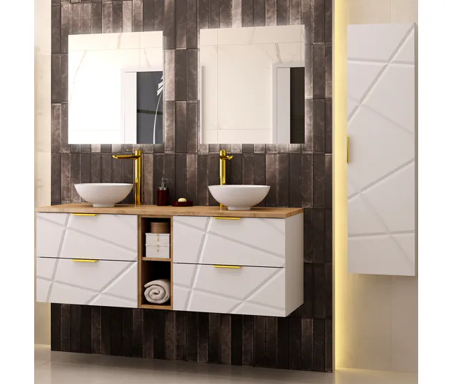 Cesto de Ropa Mueble bajo lavabo 140cm 2 compartimientos encimera Aurora Blanco y Madera