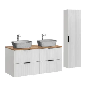 Conjunto mueble doble lavabo 120cm y columna Adriel Blanco y imitación Piedra Resistente la Humedad