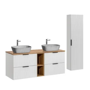 Conjunto mueble doble lavabo 140cm 2 nichos y columna Adriel Blanco y imitación piedra