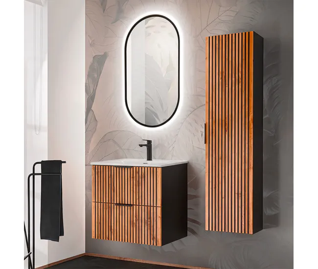 Conjunto mueble lavabo individual encastrado 60 cm y columna Gaia Madera y Negro con Compartimentos