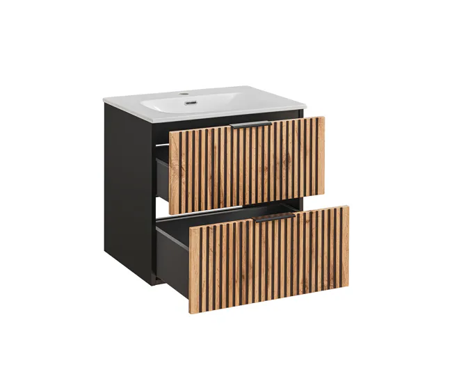 Conjunto mueble lavabo individual encastrado 60 cm y columna Gaia Madera y Negro con Compartimentos