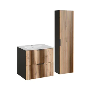 Conjunto mueble lavabo individual encastrado 60 cm y columna Gaia Madera y Negro | Impermeable | Fácil Limpieza