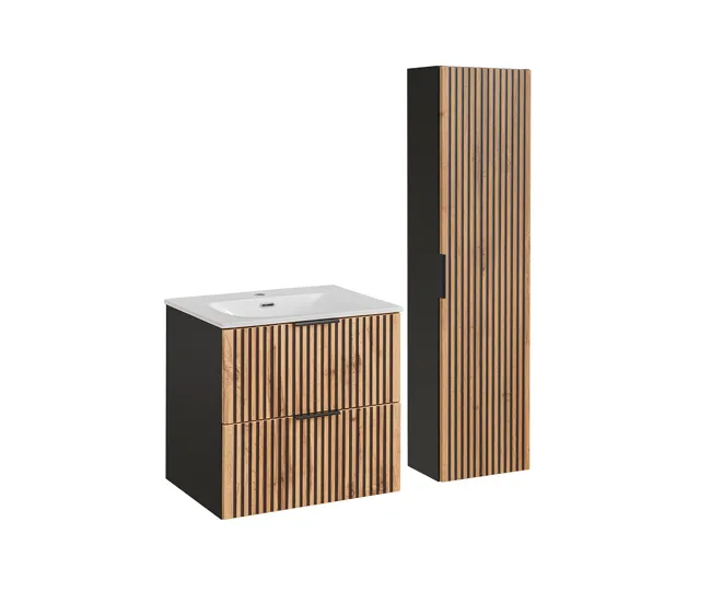 Conjunto mueble lavabo individual encastrado 60 cm y columna Gaia Madera y Negro | Impermeable | Fácil Limpieza