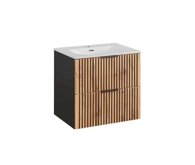 Conjunto mueble lavabo individual encastrado 60 cm y columna Gaia Madera y Negro | Impermeable | Fácil Limpieza