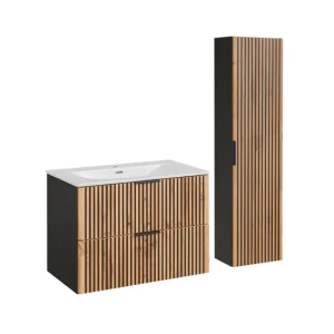 Conjunto mueble lavabo individual encastrado 80 cm y columna Gaia Madera y Negro en Blanco Brillante