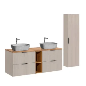 Conjunto de muebles con doble lavabo 140cm 2 compartimientos y columna Adriel Cachemira Madera y imitación Piedra