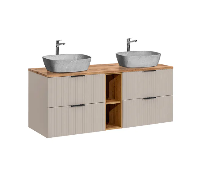 Conjunto de muebles con doble lavabo 140cm 2 compartimientos y columna Adriel Cachemira Madera y imitación Piedra