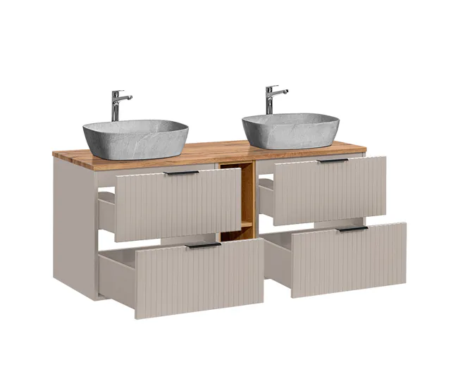 Conjunto de muebles con doble lavabo 140cm 2 compartimientos y columna Adriel Cachemira Madera y imitación Piedra