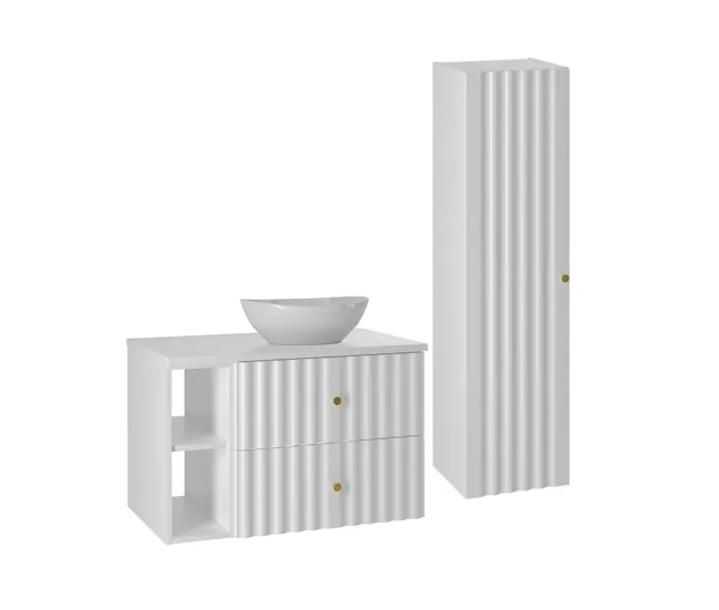 Conjunto de muebles con lavabo individual 80cm 2 compartimientos y columna Izae Blanco en Blanco Brillante