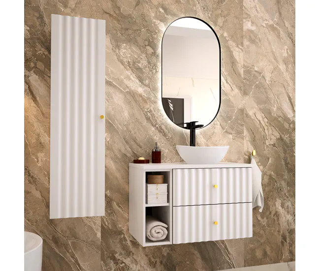 Conjunto de muebles con lavabo individual 80cm 2 compartimientos y columna Izae Blanco en Blanco Brillante
