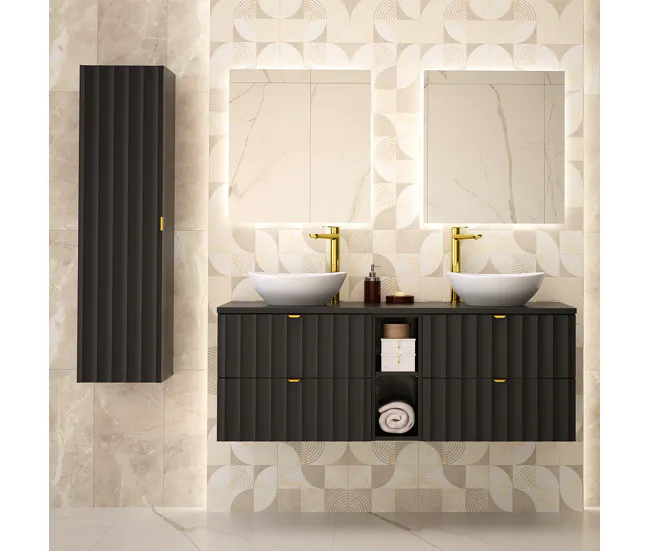 Diseño Moderno con Espejo Mueble bajo lavabo 140cm 2 compartimientos encimera Lexa Negro